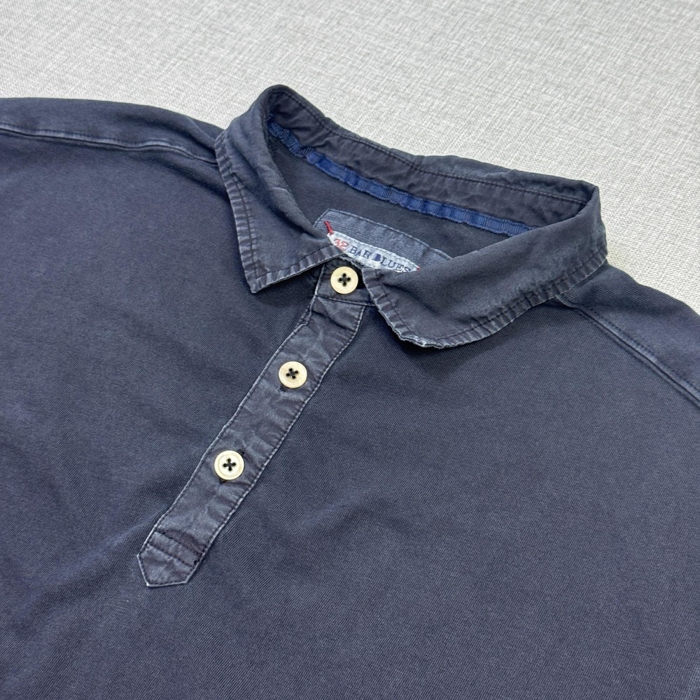 32 Bar Blues Polo Shirt Mens Large Blue Short Sleeve Collared 100% Cotton Jersey